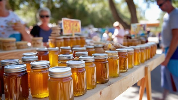 Different types of honey displayed on a stall at a local farmer's market
