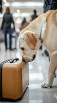 Trained dog sniffing luggage for contraband at a busy airport terminal