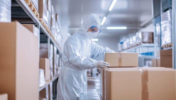 Warehouse worker arranging cardboard boxes on a conveyor belt while wearing a protective suit, face mask, and gloves