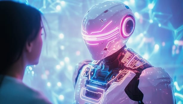 Woman engineer examining advanced robot with glowing neon lights in high tech laboratory