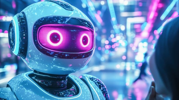 White robot with glowing pink eyes interacting in a futuristic neon lit environment