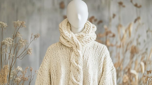 Cozy handmade oversized sweater with cable knit pattern displayed on mannequin, perfect for winter fashion