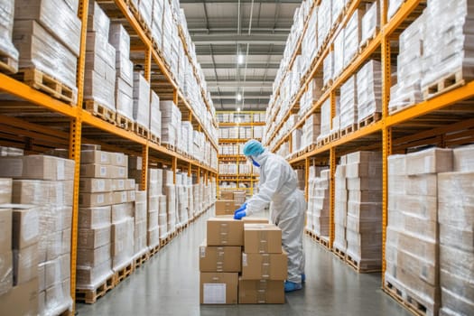 Warehouse worker wearing hazmat suit arranging cardboard boxes on a pallet in a large distribution warehouse