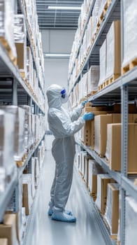 Warehouse worker wearing hazmat suit checking goods on shelves in storage room of a modern warehouse