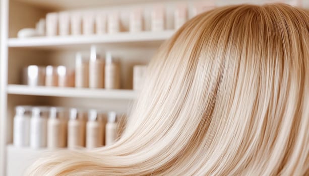 Blond hair lying on a surface in a hair salon, with hair products arranged on shelves in the background