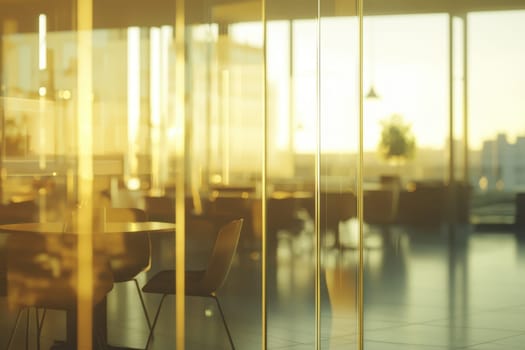 This image captures a serene indoor setting highlighted by a beautiful sunrise, creating a warm and inviting atmosphere with sleek glass walls and minimalist furniture.
