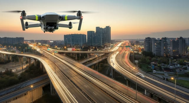 A drone hovers above a sprawling city highway interchange at sunset, capturing the flow of traffic and the dynamics of urban life. the scene highlights modern transportation infrastructure and technological surveillance in city planning.