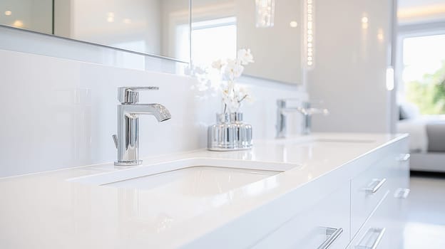 Chrome faucets and white orchids add a touch of elegance to a modern white bathroom vanity