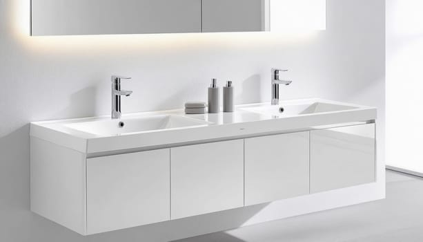 Contemporary bathroom design featuring a sleek white vanity, double sinks, and modern chrome faucets, creating a bright and stylish space