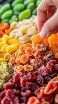 Close up of hand selecting a dried apricot from a vibrant and diverse mix of dehydrated fruits, showcasing a healthy snacking option