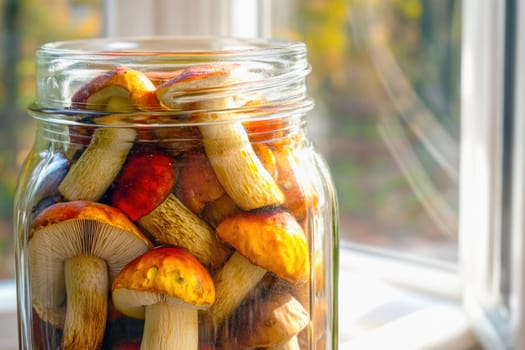 Edible mushrooms preserved in a glass jar, sitting by a sunlit window with an autumnal view