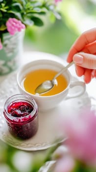 Woman stirring a cup of herbal tea with a spoon, next to a small jar of berry jam, enjoying a relaxing moment