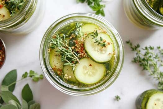 Sliced cucumbers are layered with fresh thyme, spices, and pickling brine in a glass jar, capturing the essence of homemade preserves
