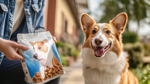 Happy welsh corgi pembroke looking at owner holding bag of dog food
