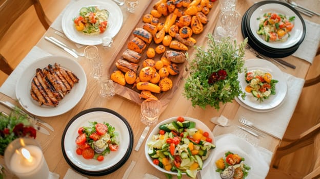 Grilled chicken, roasted vegetables, and fresh salads are served on a wooden table for a family dinner party, complete with candlelight and elegant place settings