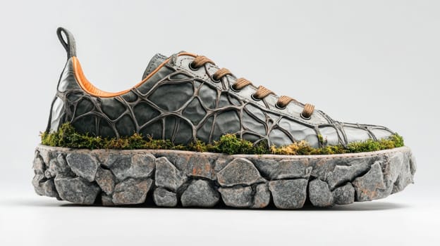 Innovative sneaker design merging nature and technology, featuring a moss covered stone sole