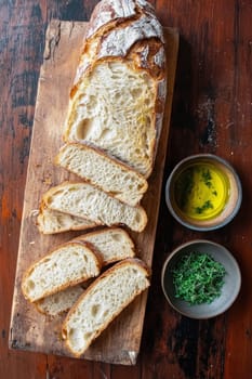 Freshly baked loaf of bread sliced and presented on a wooden board with olive oil and thyme for dipping