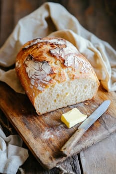 Freshly baked loaf of crusty bread resting on a rustic wooden cutting board with a pat of butter and bread knife