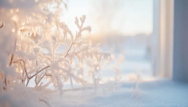 Snow covered branches sparkle in golden sunlight near a window, creating a beautiful winter scene