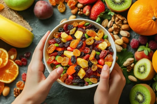 Healthy snacking with a bowl of dried fruits and nuts, surrounded by a variety of fresh fruits on a dark background