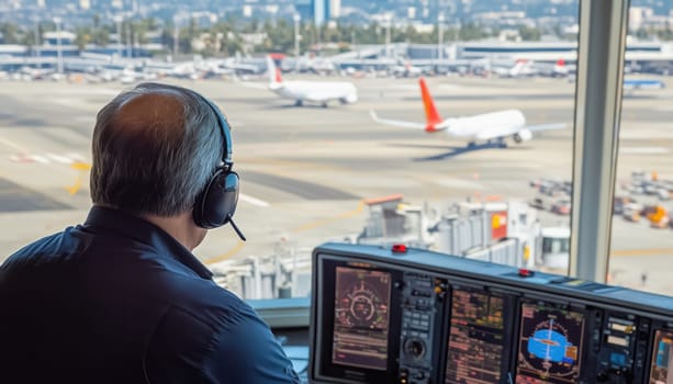 Air traffic controller managing airplane takeoff and landing at airport control tower