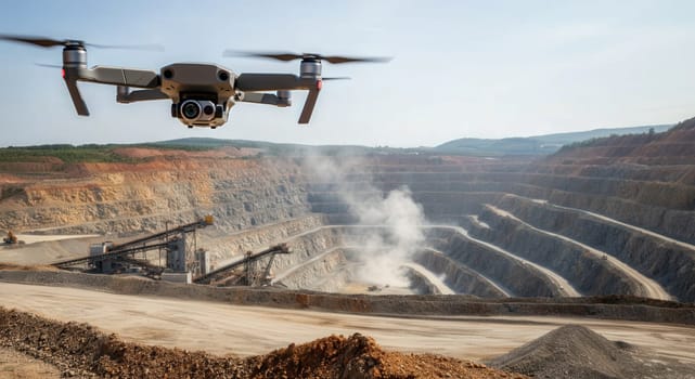A drone hovers over an expansive open-pit mine, capturing the intricate layers of earth and rock. the scene highlights the industrial landscape involved in resource extraction, emphasizing the intersection of technology and mining.