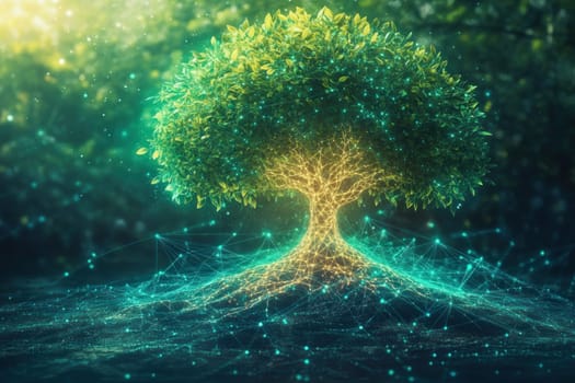 Green leaves thrive on a luminous tree, its roots forming a digital network, symbolizing the interconnectedness of nature and technology