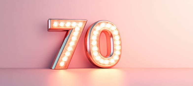 Number 70 made of light bulbs illuminating pink wall in empty room