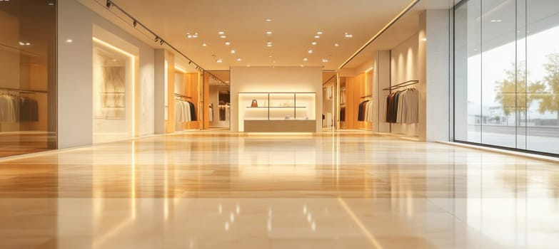 Empty fashion boutique interior with clothes and bags on shelves and hangers