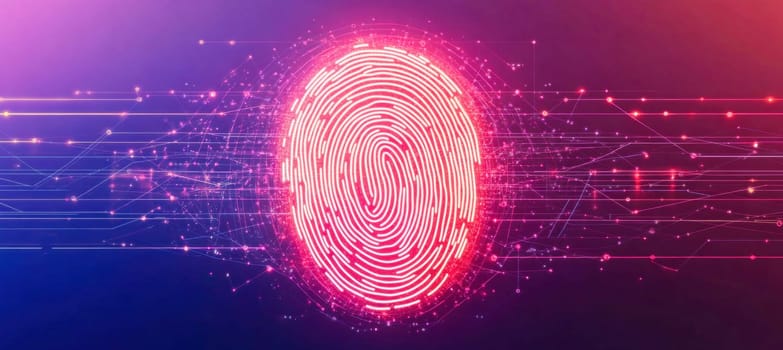 Fingerprint glowing in network traffic, representing cybersecurity, data protection, and access control in digital world