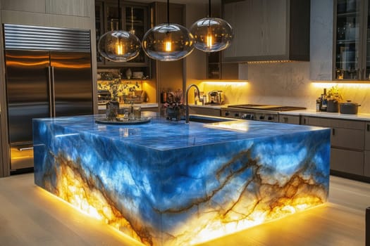 Luxurious kitchen boasts a stunning blue and orange onyx island with built in lighting, creating a focal point in the contemporary space