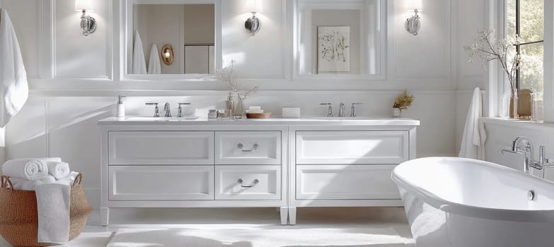 Sunlight streaming into a bright white master bathroom with a double vanity, soaking tub, and white fixtures