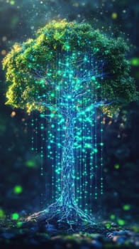 Surreal image of a glowing tree with data streams, connecting nature and technology in a harmonious ecosystem
