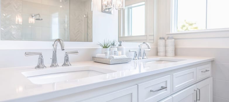 Bright, clean, and spacious, this modern bathroom features a double vanity with white cabinets, chrome faucets, and a touch of elegance