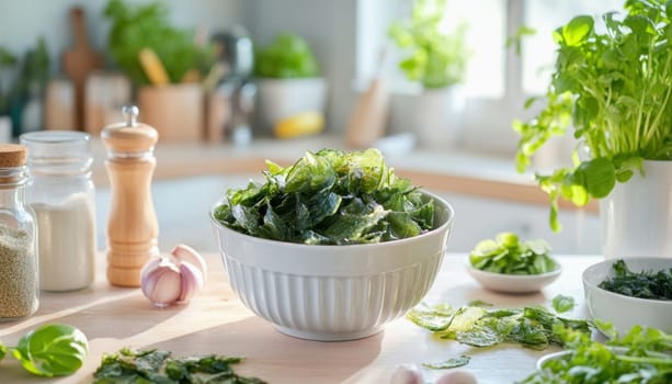 Crispy kale chips are served in a white bowl, surrounded by fresh herbs and spices, creating a healthy and delicious snacking option
