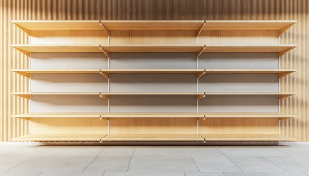 Light brown wooden shelves mounted on a slatted wall in a modern minimalist room create a clean and organized display space