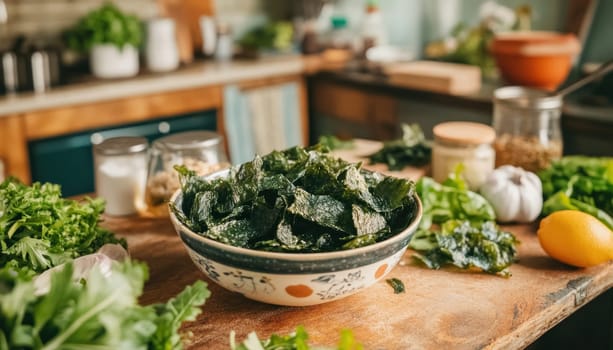 Dried seaweed chips sitting in bowl on wooden kitchen table surrounded by fresh ingredients