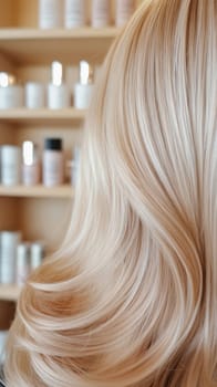 Long, wavy, blonde hair is displayed, showcasing the results of a salon treatment