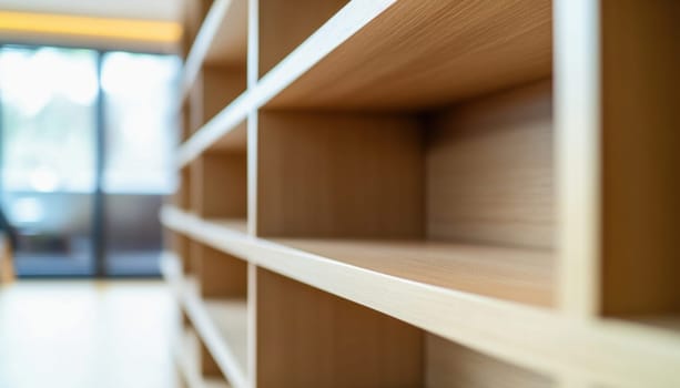 Modern, empty wooden bookcase stands in a bright living room, waiting to be filled with books and decorative objects