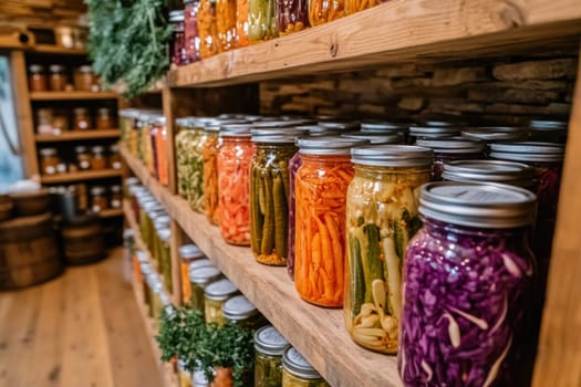 Colorful pickled vegetables preserved in glass jars, creating a vibrant display on wooden shelves, showcasing the art of food preservation