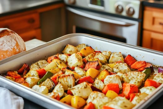 Delicious roasted root vegetables seasoned with herbs and spices, fresh from the oven, representing healthy eating and homemade meals