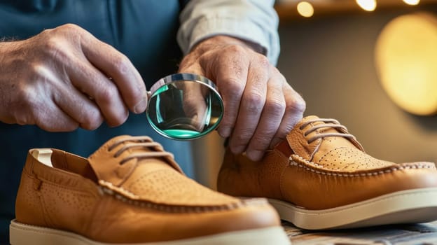 Close up of shoemaker using magnifying glass examining handmade leather shoes in workshop, ensuring high quality craftsmanship