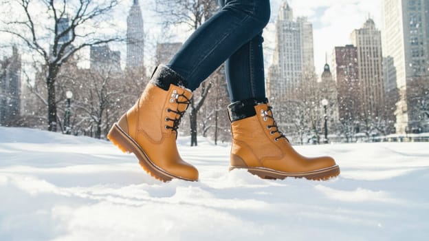 Woman wearing yellow winter boots walking on snow in a park in new york city during winter