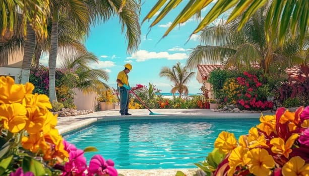 Pool cleaner cleaning a beautiful blue swimming pool in a tropical resort