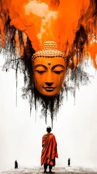 Buddhist monk wearing an orange kasaya walking on a stone surface towards a giant buddha head