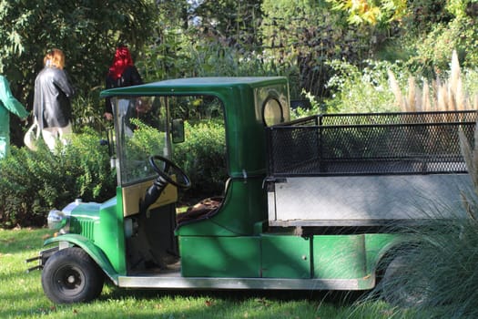 The green utility vehicle is parked among lush greenery in a garden. Individuals can be seen in the background, interacting and enjoying the serene surroundings.