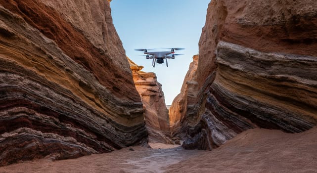 A drone hovers gracefully between rugged, layered sandstone canyon walls under a clear blue sky. vivid earth tones accentuate the natural beauty, capturing the essence of aerial exploration and adventure.