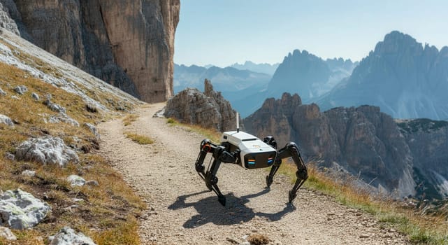 An innovative quadruped robot navigates a rugged mountain trail under a clear blue sky, demonstrating cutting-edge exploration technology. set against a panoramic view of dramatic cliffs and peaks, it symbolizes the future of outdoor robotics.