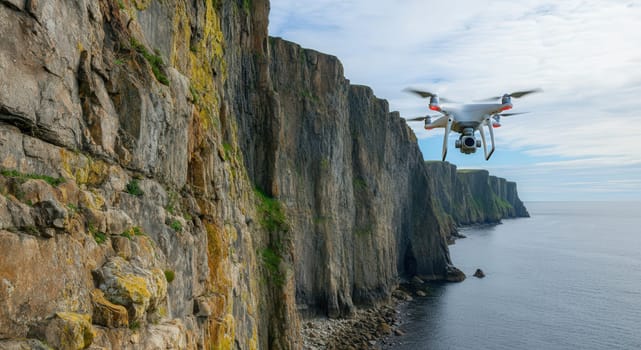 A drone flies along towering coastal cliffs, showcasing their rugged texture and vibrant colors under a clear blue sky. the expansive ocean view contributes to the serene and adventurous atmosphere.