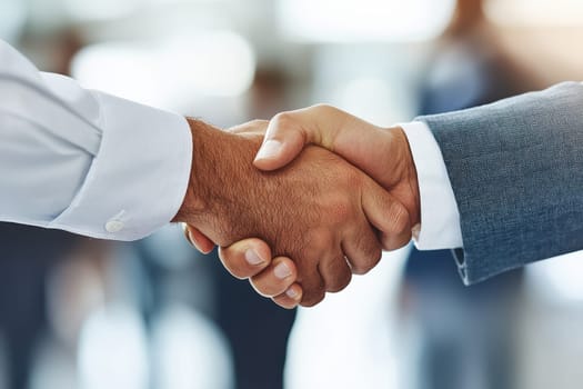 A close-up of two hands engaging in a handshake, symbolizing a successful agreement between business professionals in a bright office space, highlighting collaboration and trust.